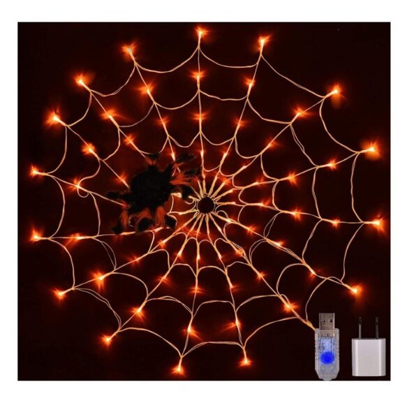 Halloween Spider Web Lights 80 LED Orange Lighted Spider Net with Creepy Spider - Picture 1 of 5